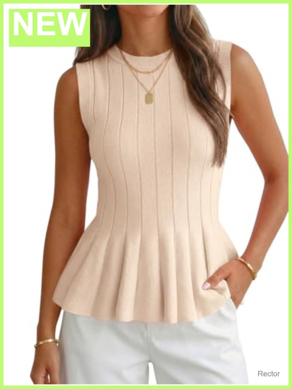 Pleated Peplum Tank Top Fitted Ribbed Knit Blouse Sleeveless Crew Neck